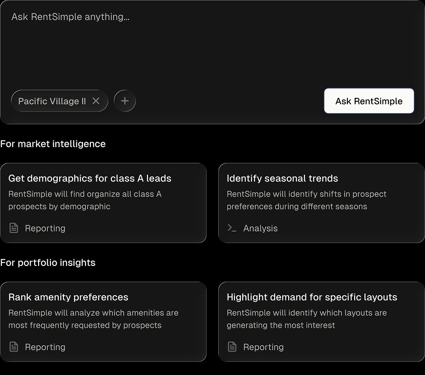 RentSimple AI Assistant interface showing conversational leasing capabilities